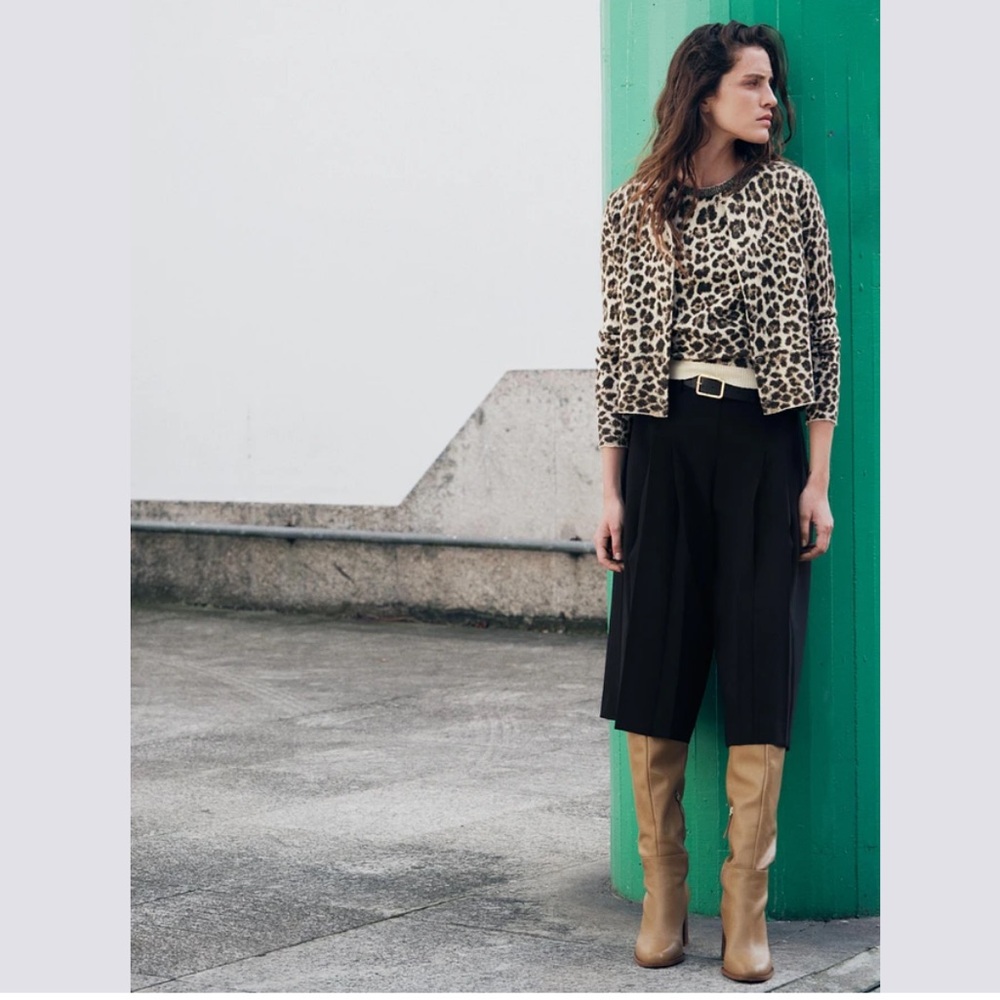 Zara jacquard knit animal print jeweled neckline cardigan